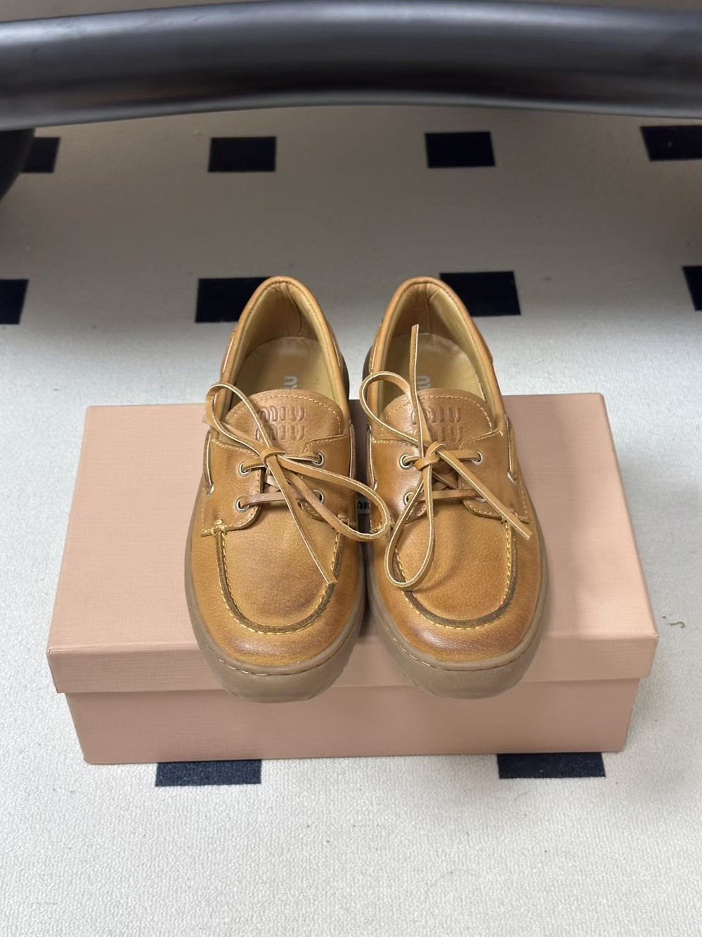 Miu Miu Tan Lace Up Boat Shoes
